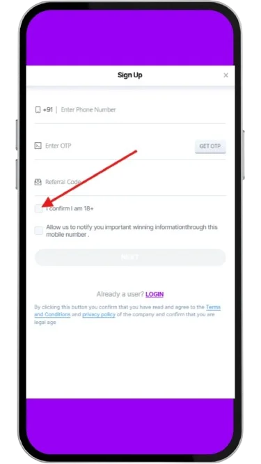 Tick the I confirm I am 18 box